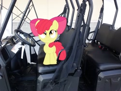 Size: 2592x1944 | Tagged: safe, artist:huskkies, artist:tokkazutara1164, character:apple bloom, cute, golf cart, irl, looking up, photo, ponies in real life, seat, solo, vector