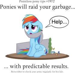Size: 3283x3189 | Tagged: dead source, safe, artist:jittery-the-dragon, character:rainbow dash, species:pegasus, species:pony, cute, dashabetes, female, floppy ears, frown, looking up, mare, open mouth, pointless pony tips, rainbow trash, rubbish, sad, simple background, sitting, solo, stuck, transparent background, trash, trash can, trash can lid