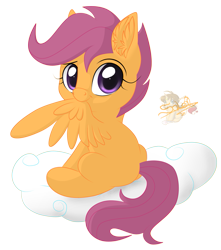 Size: 707x800 | Tagged: safe, artist:unisoleil, character:scootaloo, species:pegasus, species:pony, biting, cloud, cute, cutealoo, female, mouth hold, nom, on a cloud, preening, simple background, solo, transparent background, wing bite, wing noms