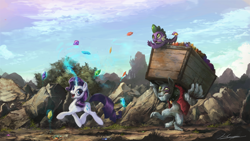 Size: 1920x1080 | Tagged: safe, artist:huussii, character:rarity, character:rover, character:spike, species:diamond dog, black eye, box, bruised, canterlot, carrying, derp, gem, glowing horn, magic, rock, telekinesis, wahaha, wallpaper, working