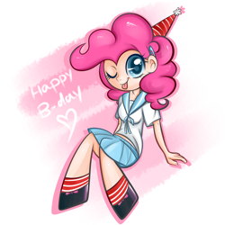 Size: 3000x3000 | Tagged: safe, artist:suzuii, character:pinkie pie, species:human, abstract background, blep, clothing, colored pupils, cute, female, happy birthday, heart, humanized, looking at you, sailor uniform, school uniform, schoolgirl, sitting, smiling, solo, tongue out, wink