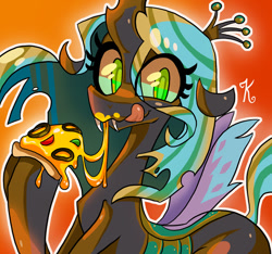 Size: 734x688 | Tagged: safe, artist:kaliptro, character:queen chrysalis, female, licking lips, looking at you, messy eating, pizza, smiling, solo, tongue out