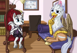 Size: 2000x1375 | Tagged: safe, artist:starbat, character:fluttershy, non-mlp oc, oc, oc:dr. wolf, oc:silver quill, species:anthro, species:classical hippogriff, species:hippogriff, a moment with drwolf, book, chair, fainting couch, glasses, male, sitting