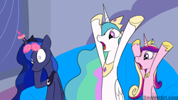 Size: 1600x897 | Tagged: safe, artist:loceri, character:princess cadance, character:princess celestia, character:princess luna, :o, cheering, couch, cute, donut, hoopla, horn grab, open mouth, quoits, ring toss, sitting, wide eyes