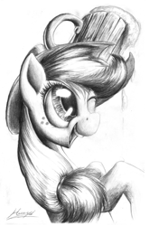 Size: 635x900 | Tagged: safe, artist:huussii, character:applejack, balancing, cider, female, monochrome, pencil drawing, solo, traditional art