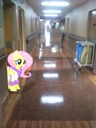 Size: 1944x2592 | Tagged: safe, artist:beauchaine, artist:tokkazutara1164, character:fluttershy, basket, clothing, doorway, hallway, hospital, irl, photo, ponies in real life, robe, shadow, solo, vector