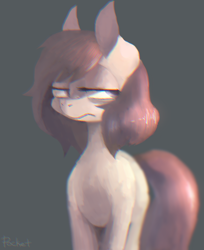 Size: 900x1101 | Tagged: dead source, safe, artist:berrydrops, oc, oc only, oc:pocket, species:earth pony, species:pony, chromatic aberration, dejected, female, mare, melancholy, simple background, solo