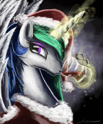 Size: 750x900 | Tagged: safe, artist:huussii, character:princess celestia, species:alicorn, species:pony, clothing, drink, female, glowing horn, hat, hot chocolate, levitation, looking back, magic, mare, photoshop, santa hat, solo, spread wings, telekinesis, wings