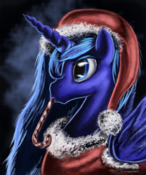 Size: 750x900 | Tagged: safe, artist:huussii, character:princess luna, species:alicorn, species:pony, g4, candy, candy cane, clothing, female, hat, mare, mouth hold, photoshop, santa hat, solo, spread wings, wings