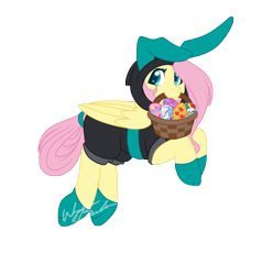 Size: 3487x3513 | Tagged: safe, artist:fuyusfox, character:fluttershy, species:pegasus, species:pony, basket, bunny ears, clothing, cute, dangerous mission outfit, easter, easter basket, easter egg, egg, female, holiday, looking at you, mare, mouth hold, simple background, solo, transparent background