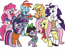 Size: 3300x2550 | Tagged: safe, artist:inspectornills, character:applejack, character:fluttershy, character:pinkie pie, character:rainbow dash, character:rarity, character:spike, character:twilight sparkle, ship:applespike, ship:flutterspike, ship:pinkiespike, ship:rainbowspike, ship:sparity, ship:twispike, anime, clothing, cosplay, costume, crossover, female, harem, high res, love hina, lucky bastard, maehara shinobu, male, mane seven, mane six, parody, shipping, spike gets all the mares, spike you lucky bastard, straight, urashima keitaro
