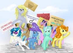 Size: 1166x860 | Tagged: safe, artist:v-invidia, character:carrot top, character:derpy hooves, character:dj pon-3, character:doctor whooves, character:golden harvest, character:lyra heartstrings, character:time turner, character:trixie, character:vinyl scratch, species:earth pony, species:pegasus, species:pony, species:unicorn, activist, female, gender equality, irony, male, mare, masculism, protest, sign, stallion, stallionism