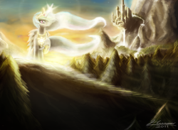 Size: 1680x1232 | Tagged: safe, artist:huussii, character:princess celestia, species:alicorn, species:pony, g4, backlighting, canterlot, female, forest, mare, praise the sun, scenery, solo, waterfall