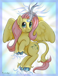 Size: 1280x1674 | Tagged: safe, artist:kirinshy, artist:lockersnap, artist:ratwhiskers, character:fluttershy, species:alicorn, species:classical unicorn, species:kirin, species:pony, alicornified, cloven hooves, curved horn, dragonfly, female, fluttercorn, leonine tail, magic, predicted the show, race swap, solo, species swap
