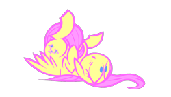 Size: 1280x720 | Tagged: safe, artist:lazy, character:fluttershy, species:pegasus, species:pony, female, floppy ears, hooves to the chest, mare, on back, open mouth, simple background, solo, three quarter view, transparent background, wings