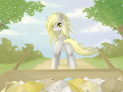 Size: 1699x1278 | Tagged: safe, artist:v-invidia, character:derpy hooves, species:pegasus, species:pony, bedroom eyes, featureless crotch, female, looking at you, looking back, mail, mare, plot, presenting, raised tail, smiling, solo