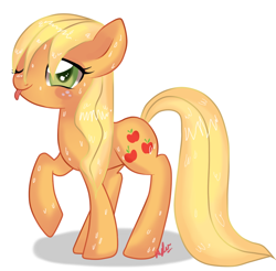 Size: 788x774 | Tagged: safe, artist:suzuii, character:applejack, bedroom eyes, blep, blushing, female, looking at you, loose hair, raised hoof, solo, tongue out, wet, wet mane, wink