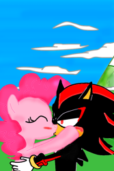 Size: 500x750 | Tagged: safe, artist:kaiamurosesei, character:pinkie pie, character:sonic the hedgehog, crossover, crossover shipping, female, interspecies, kissing, love, male, shadow, shadow the hedgehog, shadpie, shipping, sonic the hedgehog (series), straight