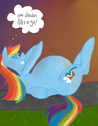 Size: 780x1000 | Tagged: safe, artist:dolly, artist:twizzle, character:rainbow dash, belly, big belly, colored, exercise, female, hyper, preggo dash, pregnant, solo