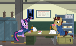 Size: 3500x2100 | Tagged: safe, artist:a4r91n, character:twilight sparkle, character:twilight sparkle (alicorn), oc, oc:rivet gear, species:alicorn, species:pony, alcohol, beer, bored, card, clothing, coat, female, mare, playing card, poster, radio, sitting