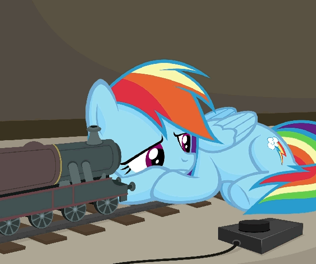 Size: 639x533 | Tagged: dead source, safe, artist:jittery-the-dragon, character:rainbow dash, species:pegasus, species:pony, g4, animated, behaving like a cat, blinking, cute, dashabetes, depression, feels, female, frown, lying down, mare, model train, prone, rainbow cat, sad, sadorable, solo, tear jerker, toy, toy train, train, trainbow dash, underhoof