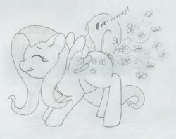 Size: 1280x1014 | Tagged: safe, artist:ratwhiskers, character:fluttershy, butterfly, fart, fart noise, female, monochrome, onomatopoeia, solo, sound effects, traditional art, wat