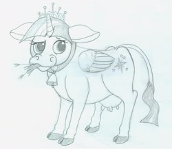 Size: 1280x1109 | Tagged: safe, artist:ratwhiskers, character:twilight sparkle, character:twilight sparkle (alicorn), species:alicorn, species:cow, alicow, cloven hooves, female, monochrome, solo, species swap, traditional art, udder