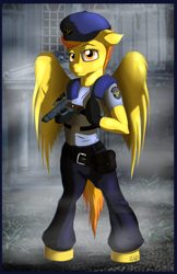 Size: 1200x1855 | Tagged: safe, artist:ookamithewolf1, character:spitfire, species:anthro, arm hooves, capcom, clothing, crossover, female, gun, jill valentine, police pony, resident evil, solo, weapon