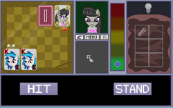 Size: 638x400 | Tagged: safe, artist:herooftime1000, character:dj pon-3, character:octavia melody, character:vinyl scratch, blackjack, card, fan game, game, octavia in the underworld's cello, pixel art