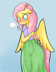 Size: 1006x1280 | Tagged: safe, artist:basketgardevoir, character:fluttershy, species:anthro, ambiguous facial structure, ask, blushing, breasts, clothing, delicious flat chest, embarrassed, female, flattershy, floppy ears, flutterbutt, grin, looking down, nervous, shy, skirt, smiling, solo, spread wings, sweat, tumblr, wide eyes, wings
