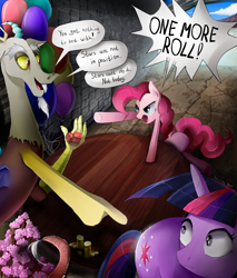 Size: 1020x1200 | Tagged: safe, artist:skyeypony, character:discord, character:pinkie pie, character:twilight sparkle, dreamworks, the road to el dorado