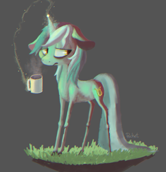 Size: 871x899 | Tagged: dead source, safe, artist:berrydrops, species:pony, species:unicorn, coffee, female, floppy ears, grass, mare, mug, solo, thin legs, tired