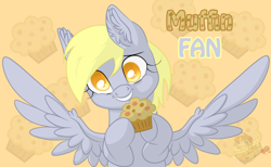 Size: 900x554 | Tagged: safe, artist:unisoleil, character:derpy hooves, species:pegasus, species:pony, ear fluff, fan, female, mare, muffin, solo