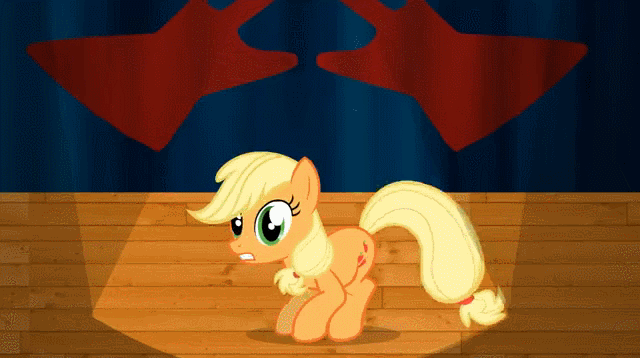 Size: 640x358 | Tagged: safe, artist:viva reverie, character:applejack, species:earth pony, species:pony, animated, bouncing, dancing, female, hatless, immatoonlink, looking at you, missing accessory, silly, silly pony, singing, solo, stage, talking, weird al yankovic, who's a silly pony