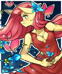 Size: 1000x1200 | Tagged: safe, artist:m@k, character:fluttershy, species:anthro, cleavage, clothing, dress, female, flower, flower in hair, fluttergio, giorno giovanna, jojo pose, jojo's bizarre adventure, pixiv, pose, solo, vento aureo
