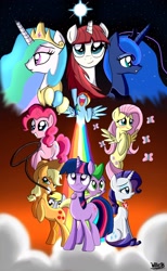 Size: 2220x3596 | Tagged: safe, artist:willisninety-six, character:applejack, character:derpy hooves, character:fluttershy, character:pinkie pie, character:princess celestia, character:princess luna, character:rainbow dash, character:rarity, character:spike, character:twilight sparkle, oc, oc:fausticorn, species:pegasus, species:pony, balloon, butterfly, female, high res, lasso, lauren faust, mane six, mare, stars