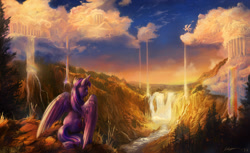 Size: 1600x978 | Tagged: safe, artist:huussii, artist:viwrastupr, character:twilight sparkle, character:twilight sparkle (alicorn), species:alicorn, species:pony, cloud, cloudsdale, cloudy, collaboration, daily deviation, female, looking up, mare, rainbow waterfall, scenery, scenery porn, sitting, solo, spread wings, waterfall, wings