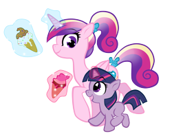 Size: 2504x1950 | Tagged: safe, artist:xnightmelody, character:princess cadance, character:twilight sparkle, character:twilight sparkle (unicorn), species:alicorn, species:pony, species:unicorn, cute, female, filly, filly twilight sparkle, foal, glowing horn, ice cream, magic, mare, ponytail, simple background, teen princess cadance, telekinesis, transparent background, twiabetes, vector, younger