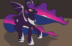 Size: 2550x1650 | Tagged: safe, artist:bico-kun, character:nightmare twilight sparkle, character:twilight sparkle, character:twilight sparkle (alicorn), oc, species:alicorn, species:bat pony, species:pony, alicorn oc, crown, curved horn, cutie mark, dark magic, ethereal mane, evil grin, fanfic art, fangs, magic, nightmarified, slit eyes, solo