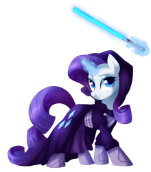 Size: 2296x2612 | Tagged: safe, artist:xnightmelody, character:rarity, boots, clothing, crossover, female, jedi, lightsaber, robe, solo, star wars