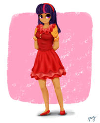 Size: 1624x2000 | Tagged: safe, artist:cosmicponye, character:twilight sparkle, species:human, episode:friendship is magic, g4, my little pony: friendship is magic, clothing, cute, dress, female, humanized, moderate dark skin, short dress, solo, too poofy