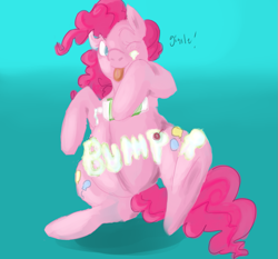 Size: 753x702 | Tagged: safe, artist:dolly, artist:twizzle, character:pinkie pie, species:pony, belly, bipedal, body writing, colored, female, foodplay, frosting, messy, preggy pie, pregnant, solo