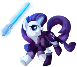 Size: 2247x1977 | Tagged: safe, artist:xnightmelody, character:rarity, boots, clothing, crossover, cute, female, happy, jedi, lightsaber, magic, raribetes, robe, solo, star wars, telekinesis
