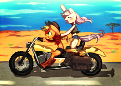 Size: 990x700 | Tagged: safe, artist:nitronic, character:applejack, oc, oc:floating s petal, belly button, desert, front knot midriff, midriff, motorcycle, road trip