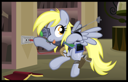 Size: 5991x3854 | Tagged: dead source, safe, artist:jittery-the-dragon, character:derpy hooves, species:pegasus, species:pony, canterlot, canterlot castle, cyborg, derpigun, female, gun, hacking, mare, pistol, shadowrun, this will end in pain, this will not end well