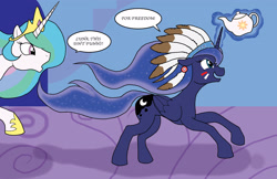 Size: 2550x1650 | Tagged: safe, artist:bico-kun, character:princess celestia, character:princess luna, species:alicorn, species:pony, 4th of july, american independence day, boston tea party, captain america, chase, galloping, headdress, independence day, magic, native american, tea, tea party, war paint