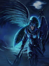 Size: 1500x2000 | Tagged: safe, artist:huussii, character:nightmare moon, character:princess luna, species:human, g4, armor, female, halberd, helmet, humanized, moon, night, polearm, solo, starry hair, weapon, winged humanization, wings, woman