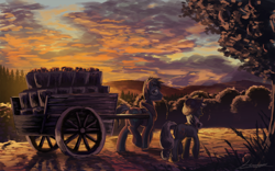 Size: 1920x1200 | Tagged: safe, artist:huussii, character:applejack, character:big mcintosh, species:earth pony, species:pony, g4, apple, cart, crate, female, male, mare, scenery, scenery porn, stallion, sunset