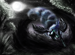 Size: 1680x1232 | Tagged: safe, artist:huussii, character:nightmare moon, character:princess luna, species:alicorn, species:pony, female, glowing eyes, mare, moon, night, running, solo, stars