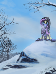 Size: 1200x1600 | Tagged: safe, artist:huussii, character:fluttershy, species:pegasus, species:pony, g4, clothing, female, mare, scarf, sitting, snow, solo, winter